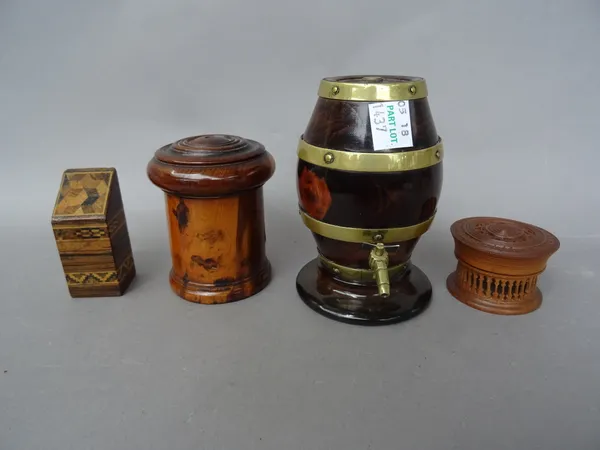 Small treen and collectables, comprising; a yew wood turned string box, 7.5cm high, a Tunbridge ware toothpick box, 6cm high, a turned hardwood seal,
