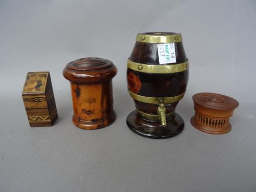 Small treen and collectables, comprising; a yew wood turned string box, 7.5cm high, a Tunbridge ware toothpick box, 6cm high, a turned hardwood seal,