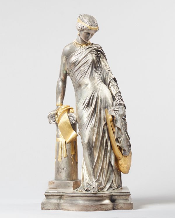 James Pradier (Swiss 1790-1852); a parcel-gilt silvered bronze figure of Sappho, signed and dated 'James Pradier 1848', 44cm high.  IllustratedSTAT000