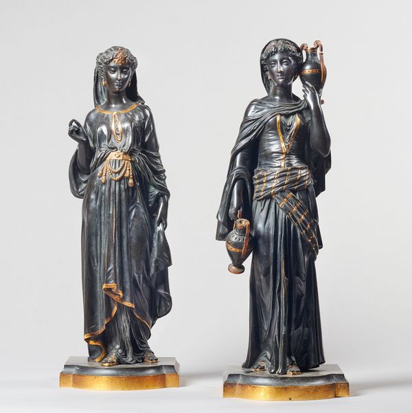 A pair of Austrian gilt and patinated bronze figures of classical Egyptian females. cast from a model by Franz Bergmann, Vienna, 39cm high, (2).  Illu