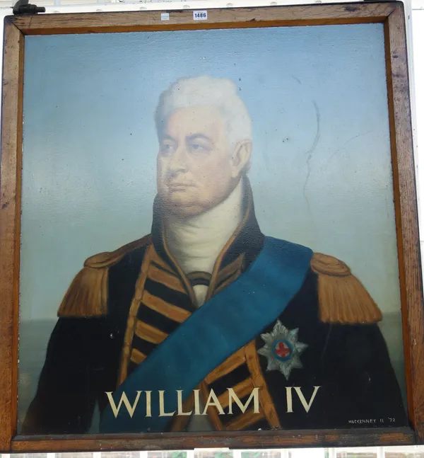 A vintage double sided pub sign, William IV signed by Mackenney II '72, oil on metal, in an oak frame with iron hanging mounts, 97cm x 91cm overall.