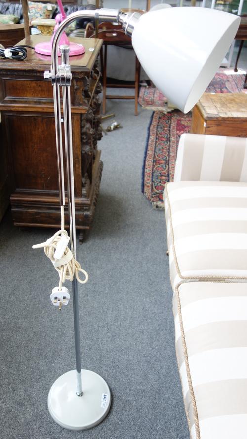 A BTC 'Task' floor light, pendant cream shade/base, chrome body, label to base (120cm high).