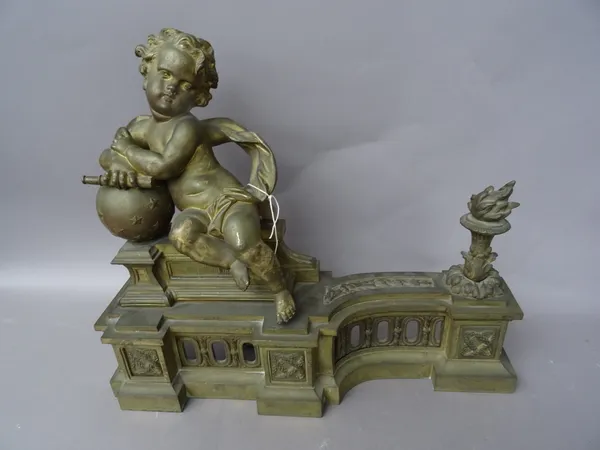 A pair of Louis XVI style ormolu chenets each surmounted with a putto figure emblematic of the sciences over a pierced breakfront kerb, 45cm wide (2)