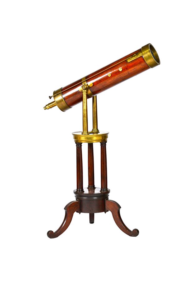 A Thomas Morton six inch Gregorian reflecting telescope on stand, Scottish, mid-19th century, the brass and mahogany bound tube with long shank and sc