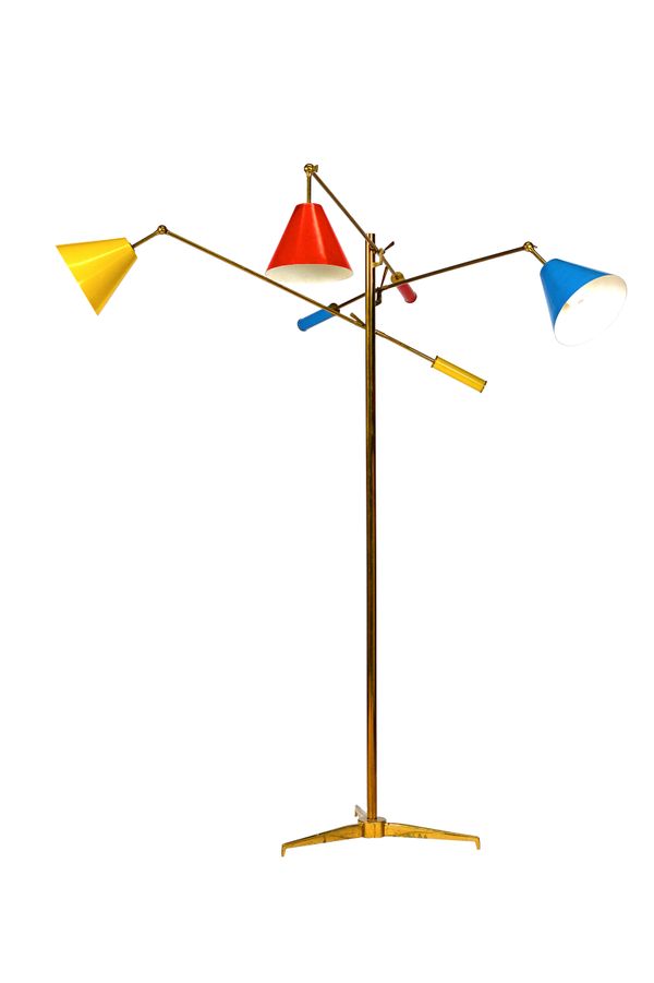 After Angelo Lelli; an Italian Arredoluce Model 12128 'Triennale' three arm brass floor lamp, circa 1950, red, blue and yellow conical shades with mat