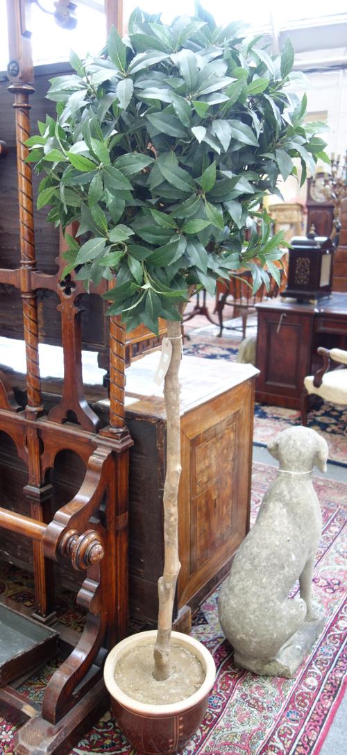 Three faux bay trees of lollipop topiary form, each in a stoneware pot, 180cm high, (3).