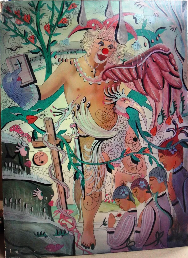 Sven Goran Svensson (b.1943), Composition with clown, acrylic on canvas, signed, unframed, 150cm x 111cm. DDS   HIGH