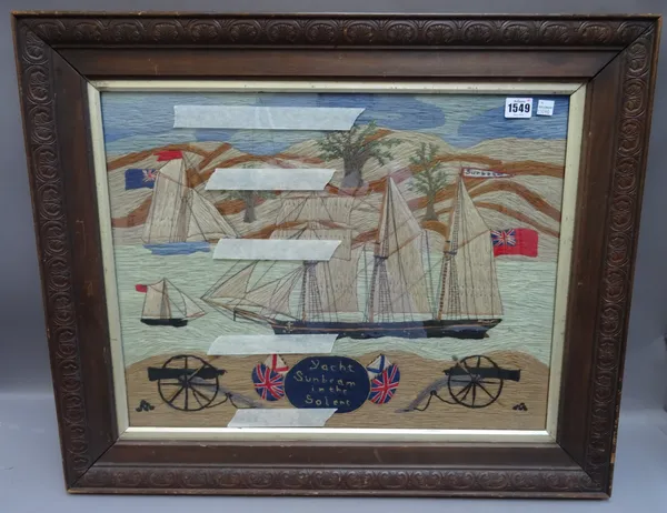 A polychrome ship woolwork picture, titled 'Yacht Sunbeam in the Solent', flanked by artillery cannons, framed and glazed, 56cm x 44cm.