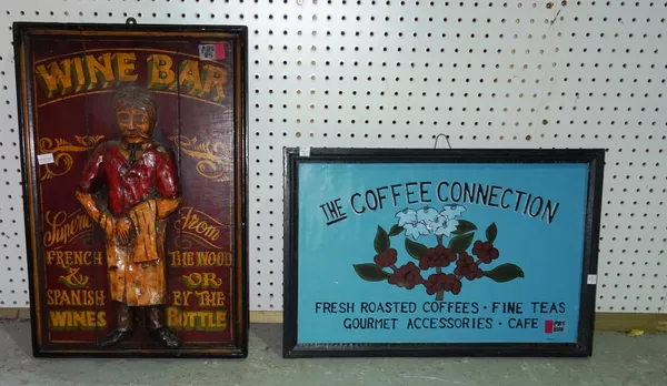 A 20th century wooden 'Wine Bar' advertising sign, with carved decoration, 40cm wide x 60cm high, and a 20th century advertising sign for 'The Coffee