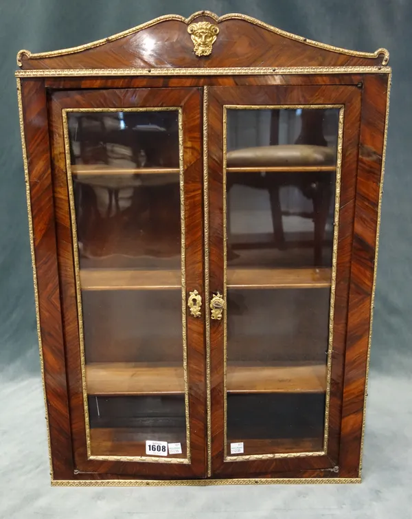 A 19th century gilt metal mounted Kingwood hanging display cabinet, with pair of glazed doors and sides, 46cm wide x 65cm high x 14cm deep.