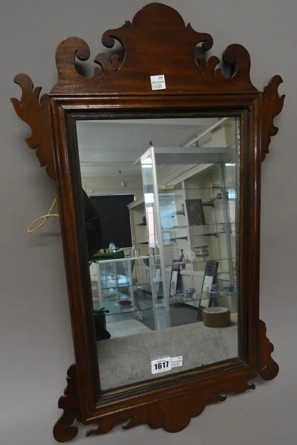 A George III mahogany fret cut pier glass, 37cm wide x 61cm high, together with a miniature inlaid rosewood cheval mirror, on turned supports, 15cm wi