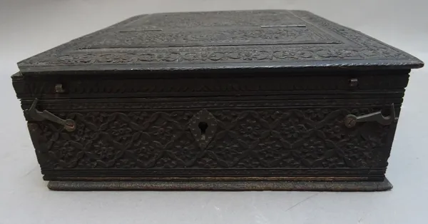 A 19th century Anglo-Indian bone inlaid hardwood travelling jewellery/dressing box, the lifting lid with angle mirror over a fitted interior, the hole