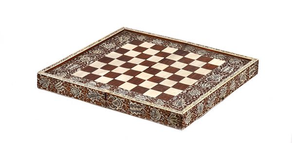 A late 18th century Anglo-Indian ivory inlaid rosewood Vizagapatam folding games box, with chess and backgammon board, within floral borders, 23cm wid