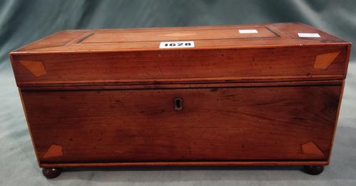 A George III inlaid yew wood rectangular tea caddy, with later twin lidded interior, possibly Irish, 29.5cm wide x 14cm high x 12cm deep.