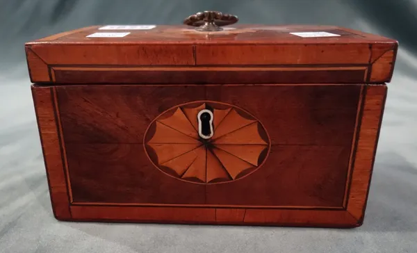 A George III marquetry inlaid mahogany rectangular tea caddy, with twin compartment interior, 16cm wide x 9.5cm high x 9.5cm deep, together with a Fre