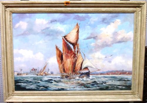 W. J. Hart (20th century), Vessels off the coast, oil on canvas, indistinctly signed, 49cm x 74cm.  E1