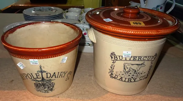 An early 20th century stoneware lidded cream bucket for Buttercup Diary Company and another similar smaller lacking lid for Maypole Dairy Company, (2)