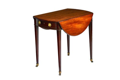 A George III mahogany Pembroke table, the oval drop flap top over bow frieze drawer with dummy opposing, on tapering square supports, 51cm across x 96