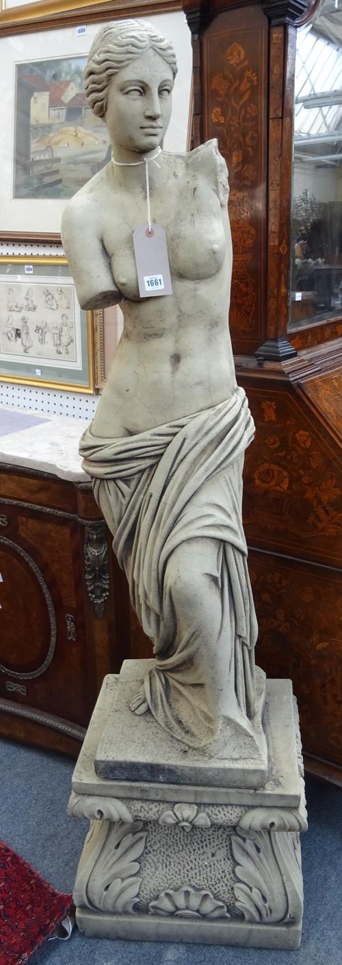 A reconstituted stone figure of a scantily clad maiden, on a shaped acanthus scroll pedestal base, 47cm wide x 171cm high.