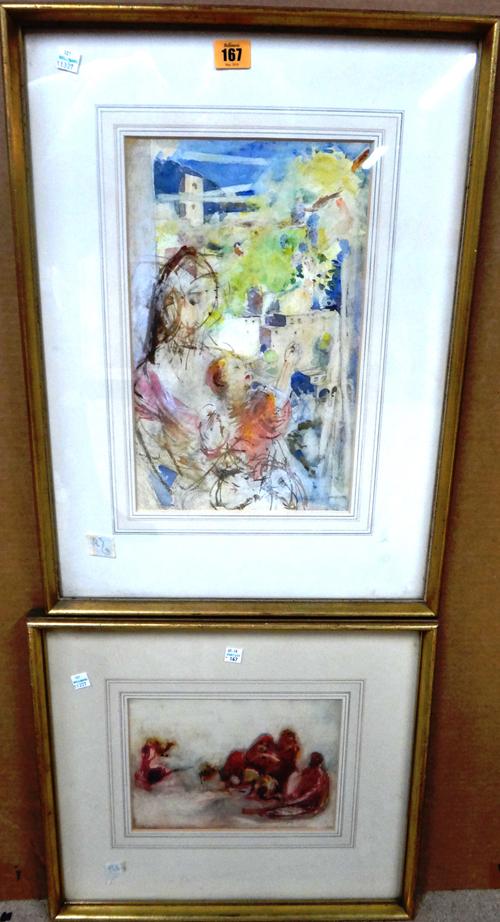 Circle of Henry Simpson, Mother and child; An Arab family, two watercolours, the larger 35cm x 22cm.(2)  F1