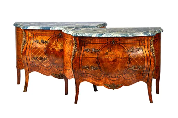 A pair of Louis XV style gilt metal mounted parquetry inlaid kingwood and walnut commodes, each with serpentine faux marble top over a bombé two drawe