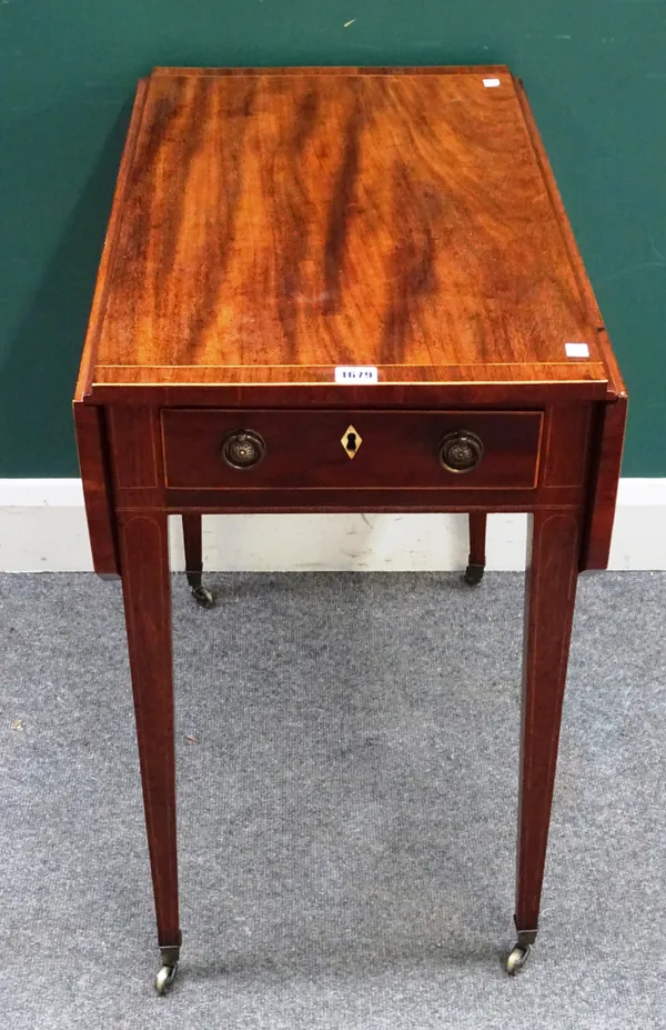 A George III inlaid mahogany Pembroke table, with single frieze drawer and dummy opposing, on tapering square supports, 43cm across, 81cm across open