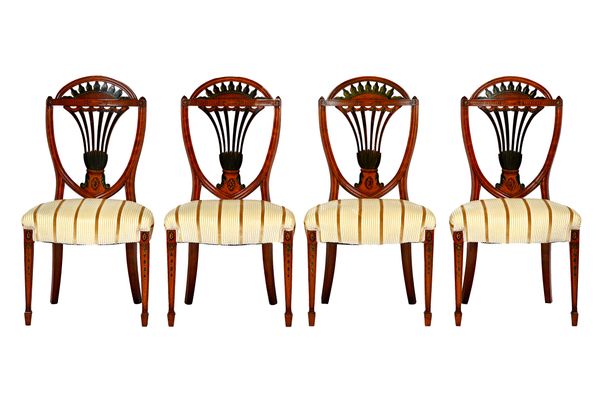 A set of four Hepplewhite style polychrome painted satinwood dining chairs, circa 1900, each with open fan flat back and bow seat, on tapering square