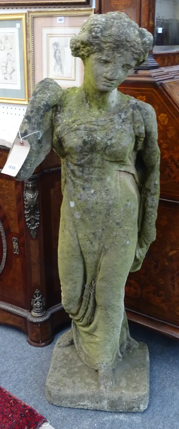 A reconstituted stone figure of a robed lady in standing pose, 132cm high x 50cm wide.