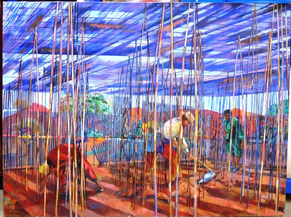 Richard Lannoy (d.2016), Bamboo Enclosure, oil on canvas, unframed, signed and dated '84, 76cm x 102cm. DDS  D1