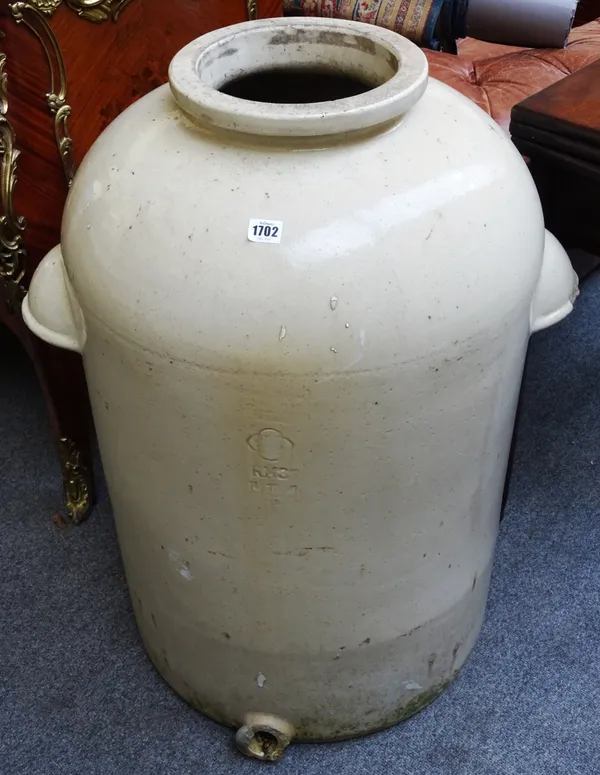 Doulton London, Made In England; a large slip glaze storage jar, with integral cup handles and lower tap aperture, stamped 30 DOULTON LONDON, MADE IN