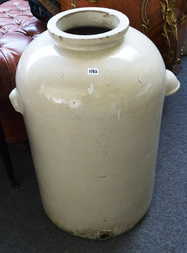 Doulton London, Made In England; a large slip glaze storage jar, with integral cup handles and lower tap aperture, stamped 30 DOULTON LONDON, MADE IN