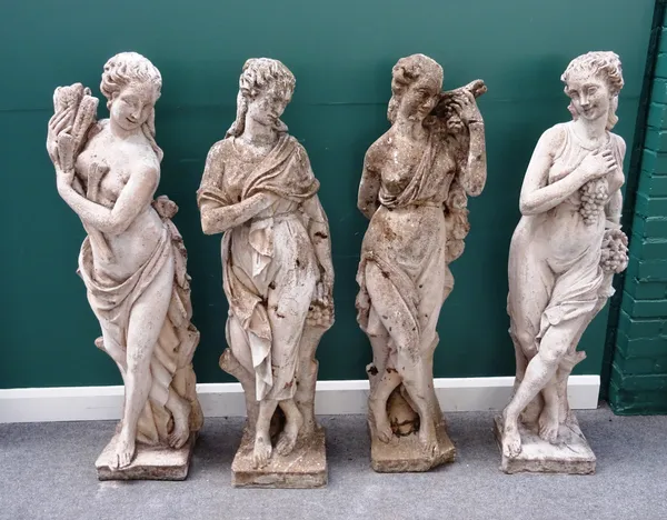 A set of four reconstituted stone female figure groups, emblematic of The Four Seasons, on square bases, each approximately 40cm wide x 140cm high, (4