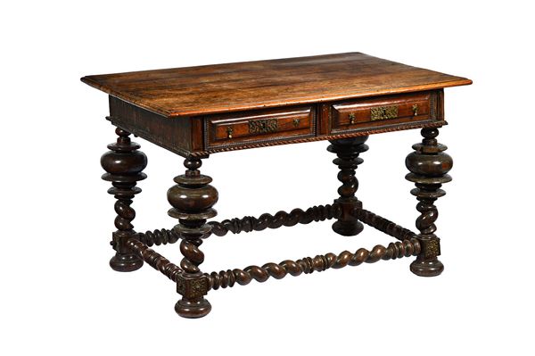 An early 18th century Portuguese rosewood centre table, the rectangular top with pair of frieze drawers and dummy opposing, on bulbous turned supports