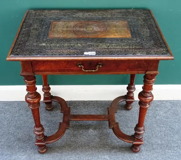 A walnut side table, the line work copper and brass inlaid top over a single drawer Queen Anne style base, united by shaped 'X' frame stretcher, 75cm