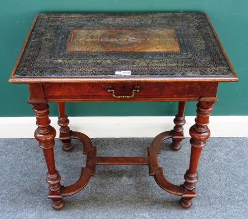 A walnut side table, the line work copper and brass inlaid top over a single drawer Queen Anne style base, united by shaped 'X' frame stretcher, 75cm