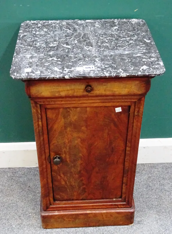A Charles X night stand, the dished marble top over a mahogany base with cushion drawer over cupboard, on plinth base, 44cm wide x 74cm high x 37cm de