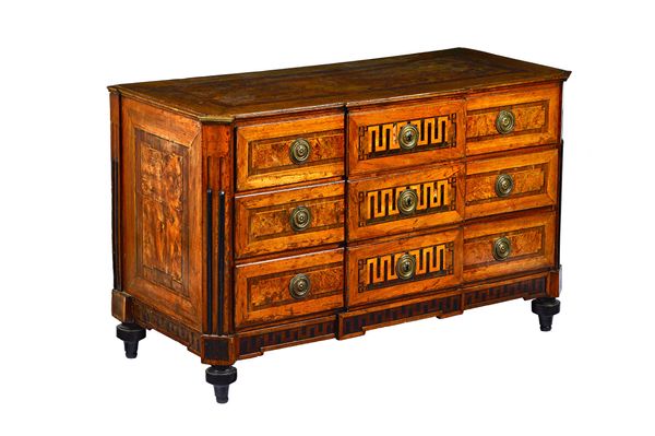 An 18th century German figured walnut and fruitwood commode and cabinet en suite, the commode with a pair of breakfront drawers on turned supports, 14