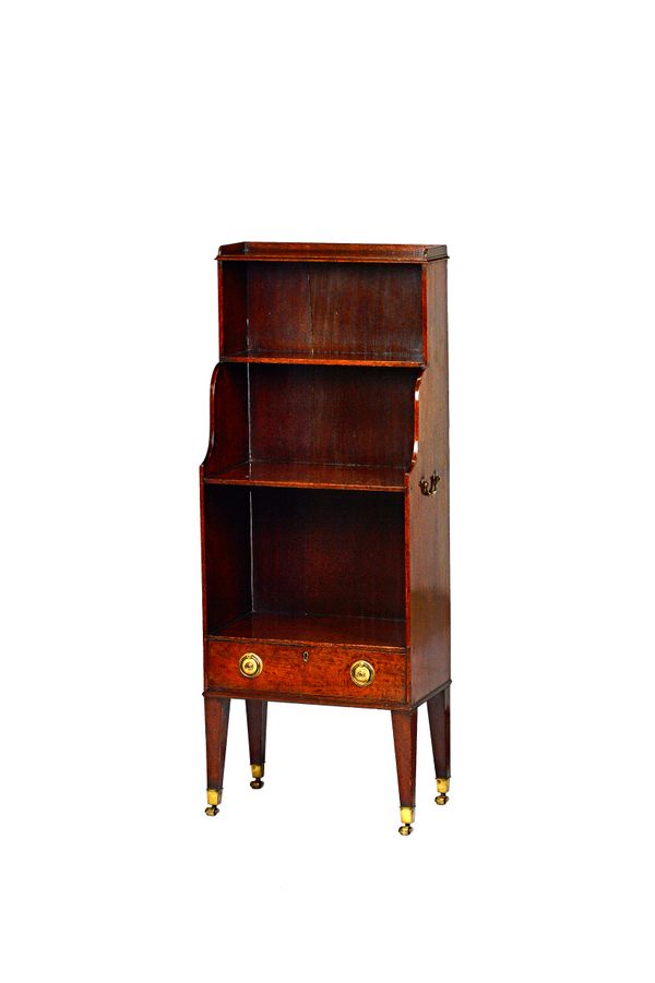A George IV mahogany four tier waterfall bookcase, with single drawer base on tapering square supports, 46cm wide x 120cm high x 28cm deep.  Illustrat