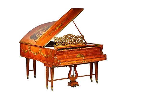 F. Kaim & Sohn Kirchheim-Stuttgart; a satinwood grand piano, late 19th century, extensively polychrome painted with Neo-Classical scenes and ribbon ti