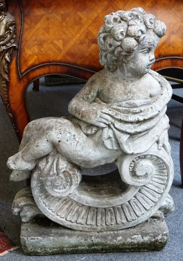 A pair of reconstituted stone figures of cherubs, on 'C' scroll bases, 50cm wide x 70cm high, (2).