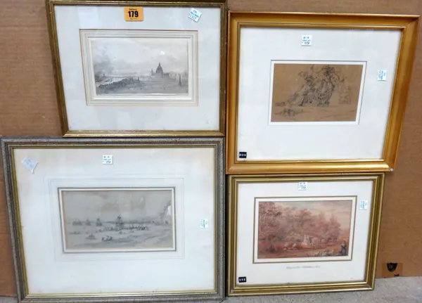 A group of four, including a drawing of London, a watercolour of Bayswater, a drawing of the Chain Pier, Brighton, and a drawing of a ship, circle of