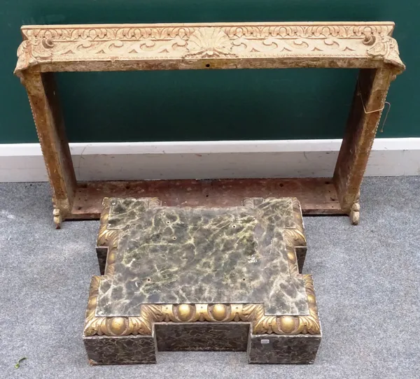 The major components of a 19th century console table, to comprise; a scroll and shell carved softwood rectangular frieze 88cm wide x 56cm deep x 17cm