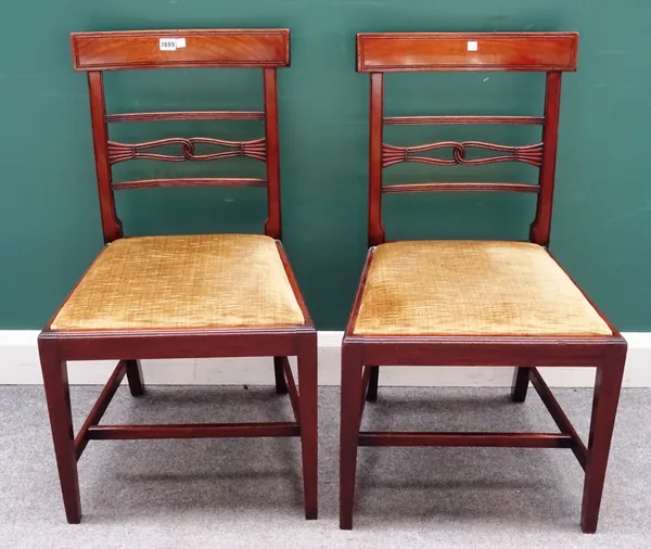 A set of six George IV mahogany dining chairs, with interlaced waist rail and straight front seat on tapering square supports, each 50cm wide x 87cm h