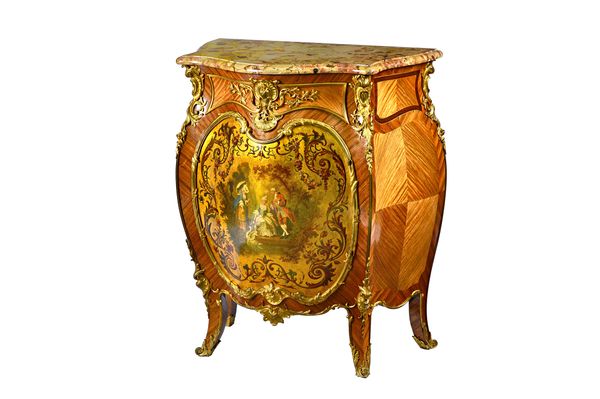 A French ormolu-mounted Kingwood and Vernis Martin decorated bombé commodeRetailed by Forest, Paris, circa 1900, the reverse of the bronze mounts cast