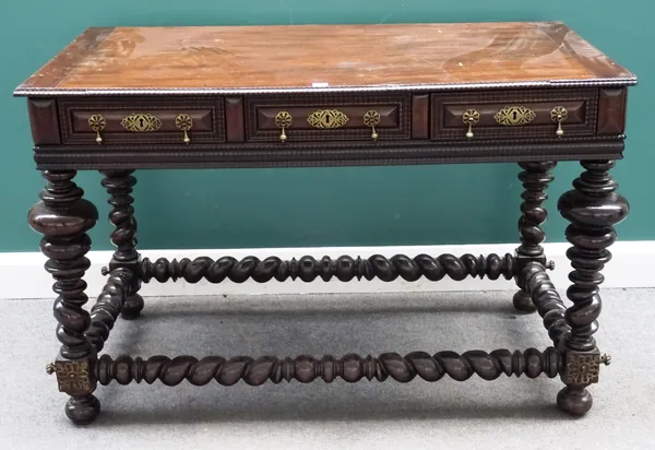 A late 17th century style Portuguese centre table, circa 1900, the rectangular top with three frieze drawers and dummy opposing, on bulbous turned sup