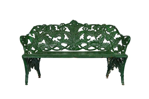 After Coalbrookdale; a green painted cast iron garden bench, in the fern and blackberry pattern, with slatted wooden seat, 160cm wide x 89cm high.   I