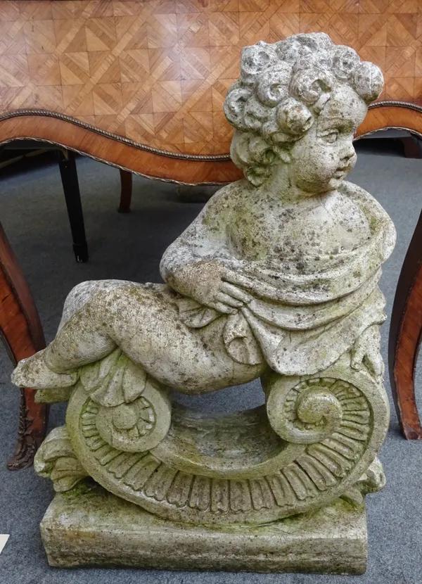 A pair of reconstituted stone figure groups of seated cherubs, on 'C' scroll bases, each 68cm high x 45cm wide, (2).