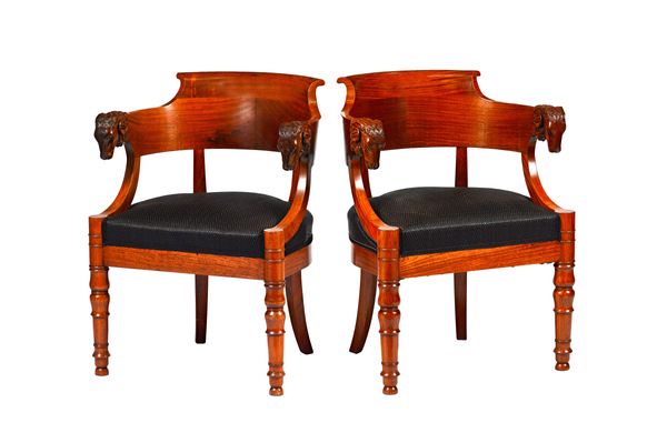 After Jacob Freres; a pair of 20th century Empire style padouk tub back armchairs, with rams head finials on turned supports, 60cm wide x 81cm high, (