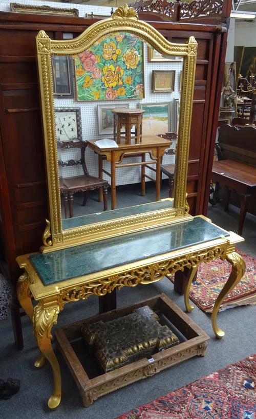 A pair of 18th century style gold painted console tables, each with marble inset rectangular top over pierced frieze, on four acanthus capped scroll s