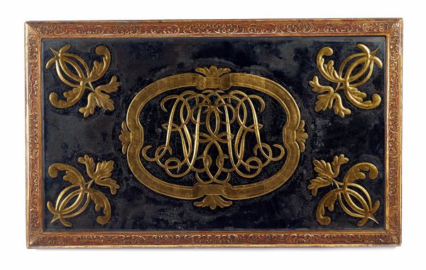 An 18th century and later gilt framed rectangular wall mirror, with moulded frame, the bevelled mercury plate centred with a gilt initialled cartouche